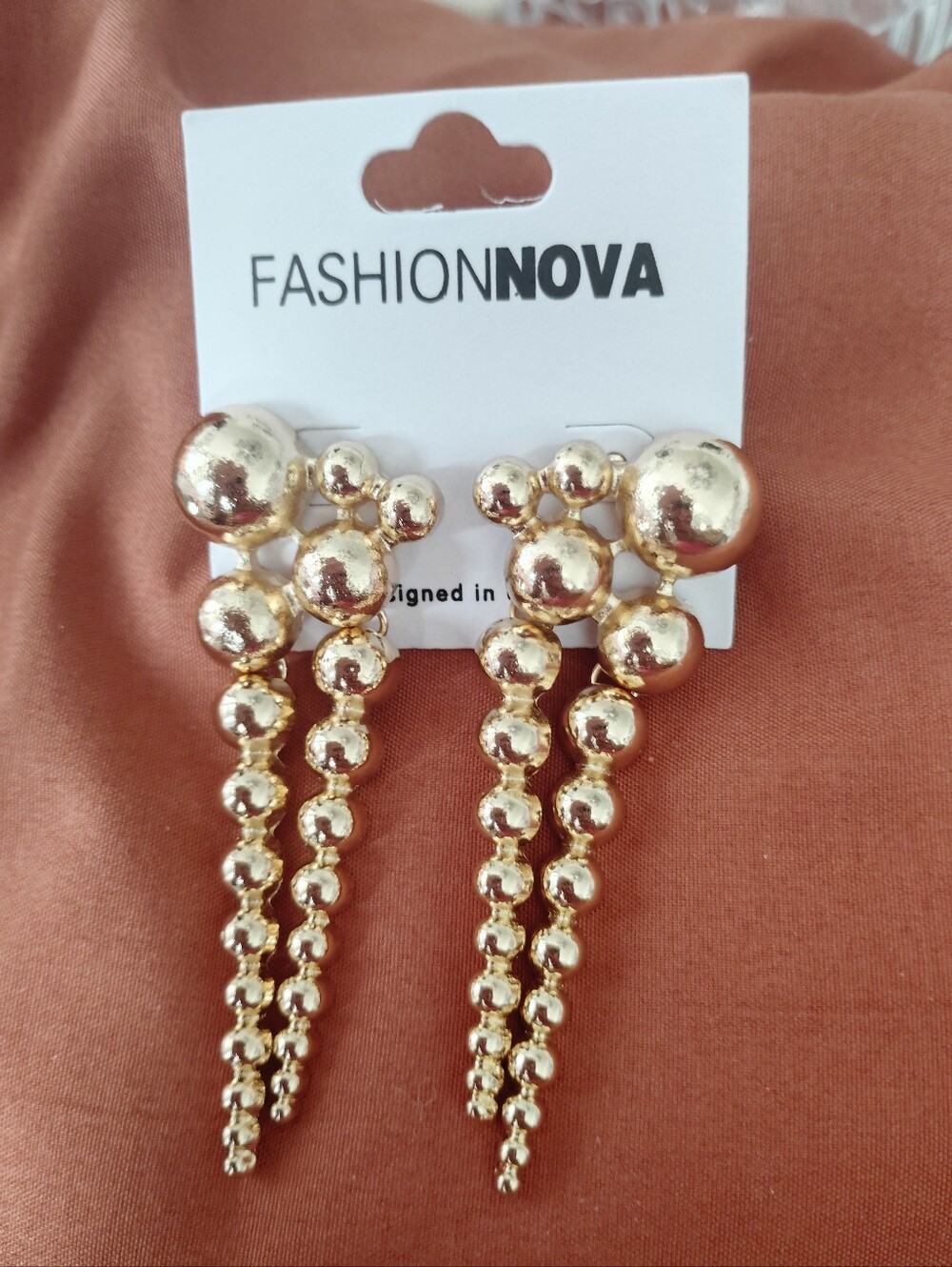 Fashion Nova Shiny Gold Cascading Bead Drop Earrings